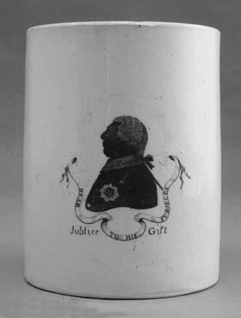 Photo of a white ceramic mug with silhouette made to commemorate George III Jubilee