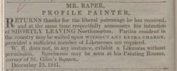 19th C newspaper advert for profile painter and silhouette artist, Mr Raper
