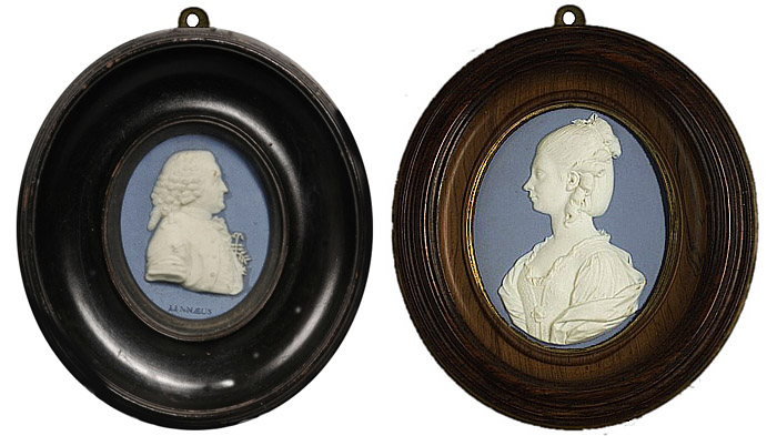 Photo of Wedgwood & Bentley Solid Blue Portrait Medallions, of the Young Queen Charlotte, c.1779, and of Linnaeus