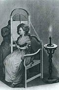 Illustration of silhouette machine, showing woman seated in chair, with artist taking her profile on the otherside of a shadowgraph screen