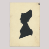 Front of silhouette, with woman looking left, wearing a bonnet.