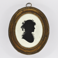 Front of silhouette, in frame, with woman looking right, wearing a hat with ribbons.