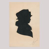 Front of silhouette, with a woman looking right, wearing a hat and a fur collar.