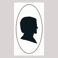 Front of silhouette, in painted oval frame, with man looking right.