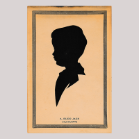 Front of silhouette, in painted square frame, with boy looking left.