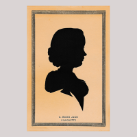 Front of silhouette, in painted square frame, with woman looking right.