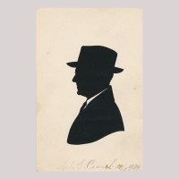 Front of silhouette, with man looking left, wearing a suit and a hat.