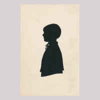 Front of silhouette, with a girl looking left, wearing a bonnet and a ribbon.