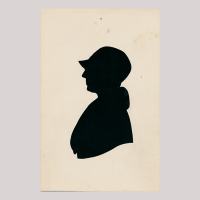 Front of silhouette, with a woman looking left, wearing a hat and a fur collar.