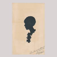 Front of silhouette, with a girl looking left, wearing a necklace.