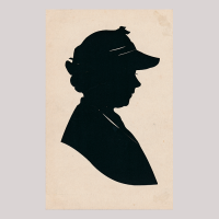 Front of silhouette, with a woman looking right, wearing a hat.