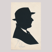 Front of silhouette, with a man looking right, wearing a suit and a hat.