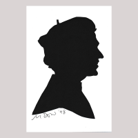 Fornt of silhouette, with man looking right, wearing a hat.