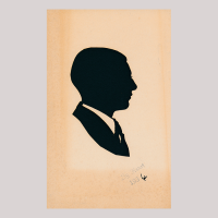 Front of silhouette, man looking right, wearing a suit.