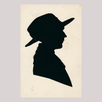 Front of silhouette, with woman looking right, wearing a hat.