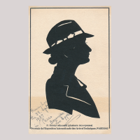 Front of silhouette, with woman looking right, wearing a hat.