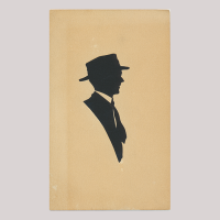 Front of silhouette, with man looking right, in suit and wearing a hat.