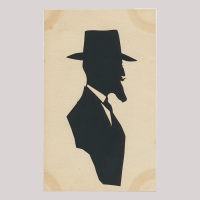 Front of silhouette, with man looking right, in suit, wearing a hat and with mustache.