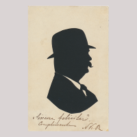 Front of silhouette, with man looking right, in suit and wearing a hat.