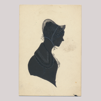 Front of silhouette, with woman looking right, wearing a bonnet.