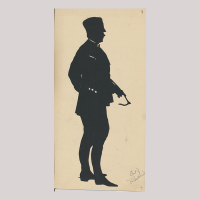 Front of silhouette, with man looking right, police officier, wearing a hat and with a whip.