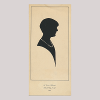 Front of silhouette, with woman looking right, in a square painted frame.