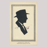 Front of silhouette, with man looking right, in suit and wearing a hat, in square painted frame.