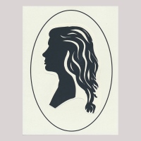 Front of silhouette, with woman looking left, in frame.