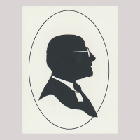 Front of silhouette, with man looking right, in suit and wearing glasses.