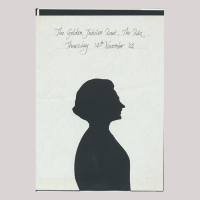 Front of silhouette, with woman looking right, at the top one inscription, The Golden Jubilee Rout...