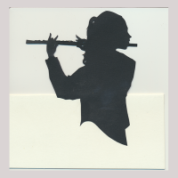 Front of silhouette, with girl who is playing a clarinet, half of silhouette is jutting out.