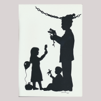 Front of silhouette, with man on the right who is cutting a silhouette, in the center a seated boy and on the left a girl looking right.