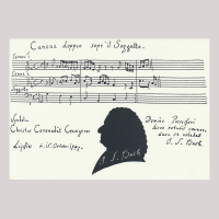 Front of silhouette, with man looking left, in the background musical stave, with the signature of the subject of the silhouette.