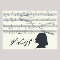 Front of silhouette, with man looking left, in the background musical stave, with the signature of the subject of the silhouette.