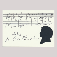 Front of silhouette, with man looking left, in the background musical stave, with the signature of the subject of the silhouette.