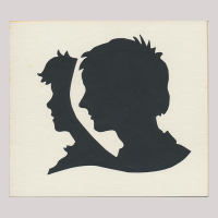 Front of silhouette, with two boys looking left, between the boy close-up and the one in the background there is a space.