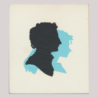 Front of silhouette, with close-up a boy looking right; in the background a girl looking right painted in diffierent color.