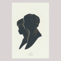 Front of silhouette, with two kids looking left. Close-up the boy; in the background the girl.