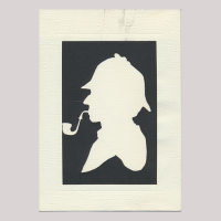 Front of silhouette, with man looking left, wearing a deerstalker and smoking a pipe.