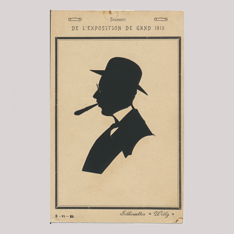 
        Front of silhouette, with man looking left, man in suit, wearing a hat and smoking a cigar. Top of silhouette, with inscription, Souvenir de l'exposition de Gand 1913. Bottom of silhouette, with date and name of artist.