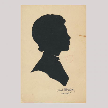 
        Front of silhouette, with woman looking right. In the lower right-hand corner a stamp with name of the artist and Chicago.