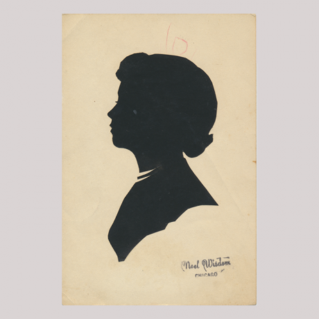 
        Front os silhouette with woman looking left, in the lower right-hand corner a stamp with the name of the artist and Chicago.