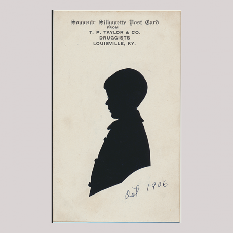 
        Front of silhouette, with boy looking right, in the top iscriptions starting, Souvenir silhouette Post Card...