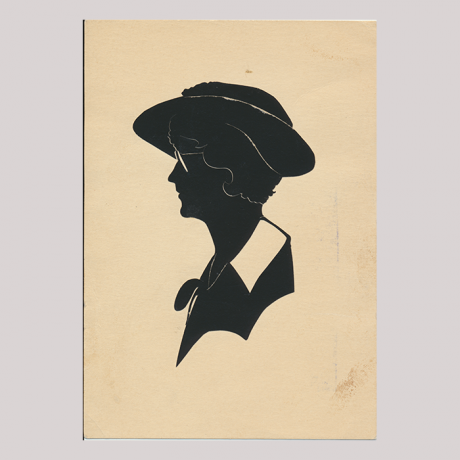 
        Front of silhouette, with woman looking left, wearing a hat and glasses.