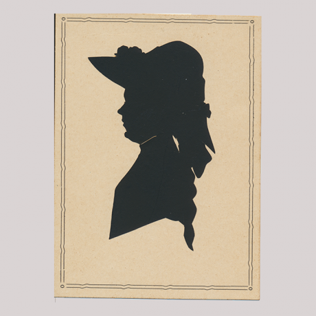 
        Front of silhouette, with woman looking left in painted frame, wearing a hat.