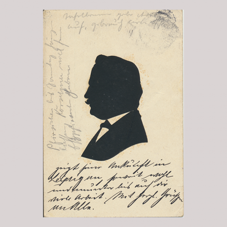 
        Front of silhouette, with man looking right, in suit, with german hand-written text.