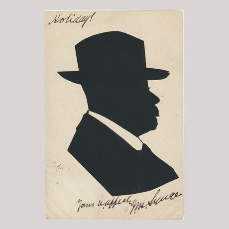 
        Front of silhouette, with man looking right, in suit and wearing a hat.